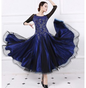 Wine red royal blue navy black lace patchwork mesh middle long sleeves dew shoulder long length women's ladies female full skirted Flamenco waltz tango ballroom dancing dresses outfits